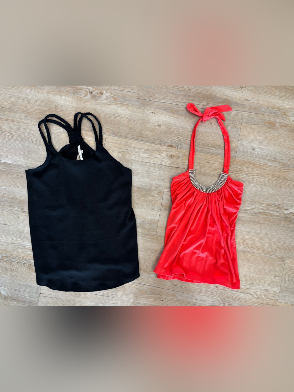 Joy Joy Black Strappy Tank & Red Halter Top Duo